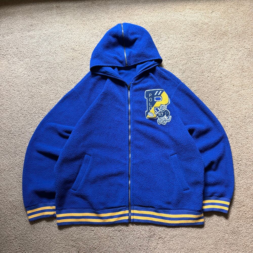 Polo Ralph Lauren Tiger Letterman Fleece Zip Ip Hoodie Sz 2XL Blue Patch Logo